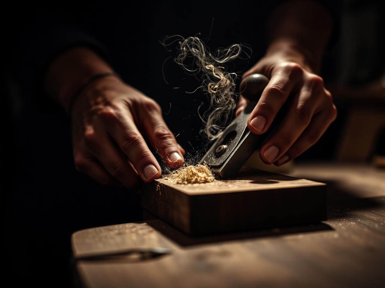 Hands using a hand plane on walnut producing curls of wood shavings