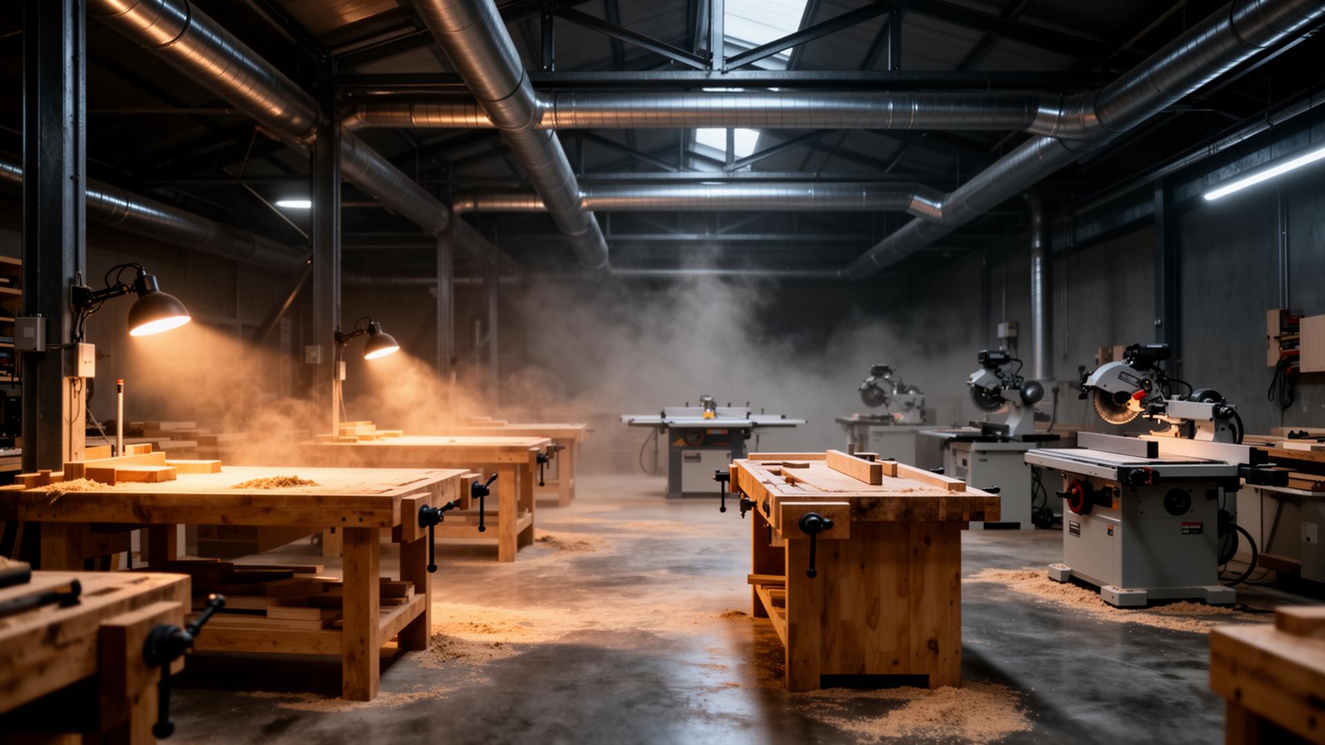 MontCo Makers workshop interior with workbenches, table saw and lathes