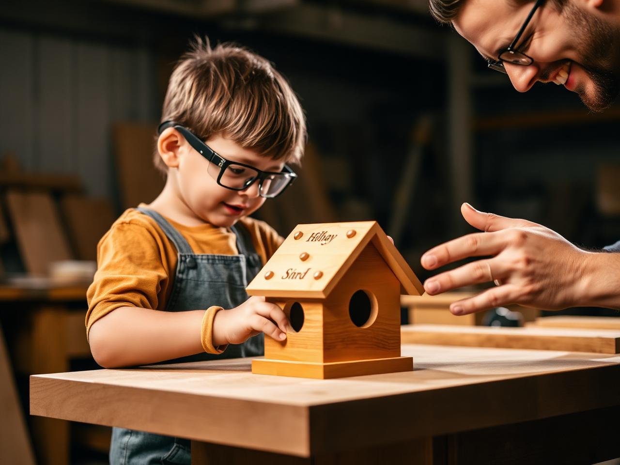 Child wearing safety glasses building a wooden birdhouse with an instructor